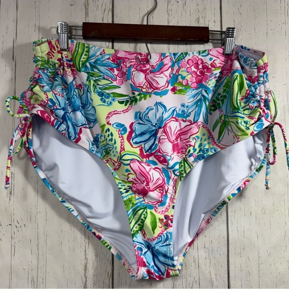 Stella Parker Womens Floral Ruched Bikini Botton High Rise Summer Beach Vibrant